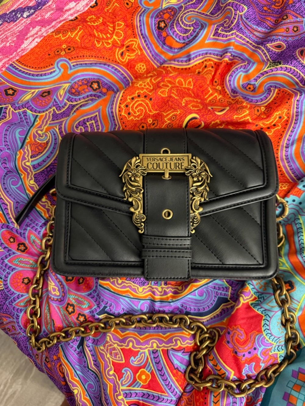 Versace Jeans Couture Black Quilted Leather Crossbody Bag with Gold Hardware